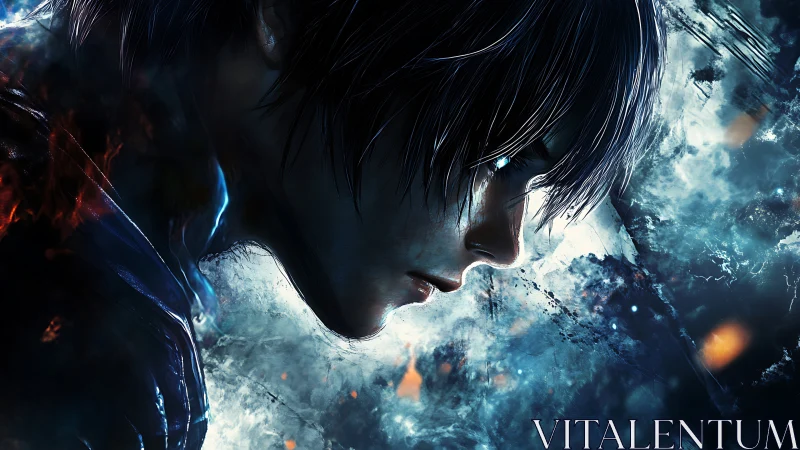 Profile view of digital male figure in blue light field.