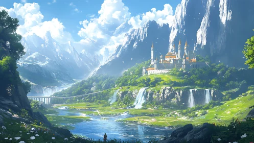 Sunlit mountain kingdom above cascading emerald waterfalls.