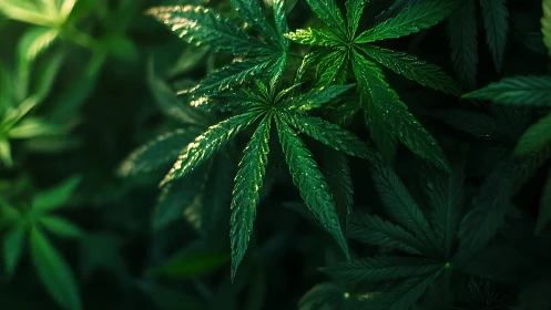 Macro botanical study of dewy cannabis foliage in low light.