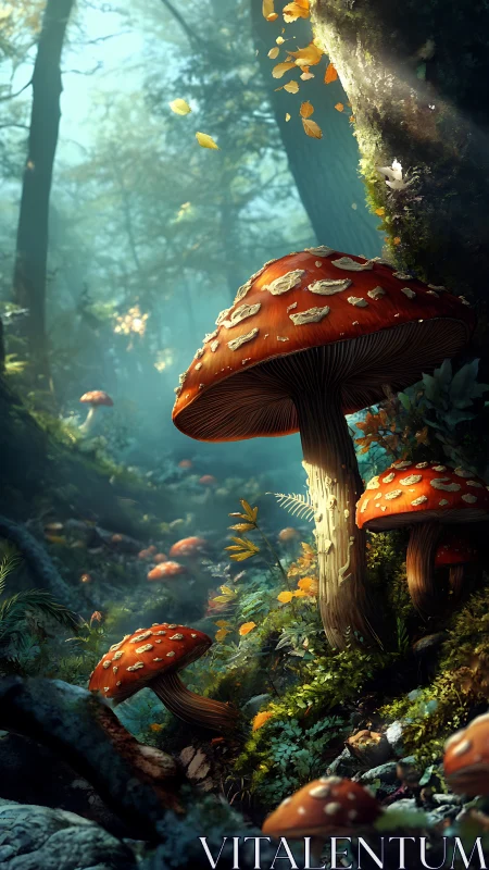 Enchanted forest mushrooms under volumetric morning light.