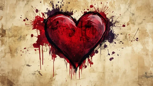 Red Heart with Ink Splatter Effects on Textured Beige Surface.