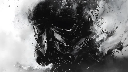 Bold sci fi helmet emerging from swirling black ink clouds.