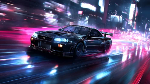 Neon night racer slicing through electric city streets.