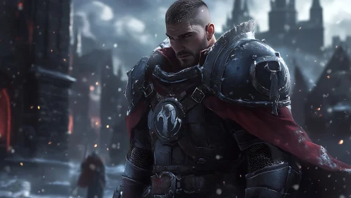 Armored crusader in snowlit fortress corridor, cinematic focus