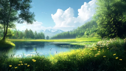 Sunny mountain lake with wildflowers and dense green forest.