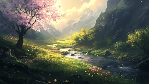 Spring mountain valley with river, blossoms, and sunlight.