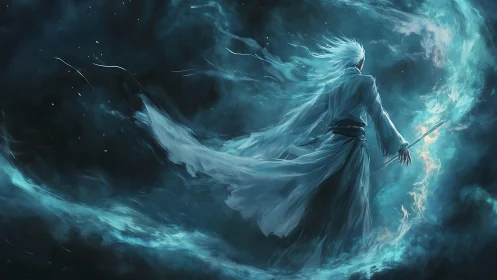 Stormlit spirit warrior drifting through swirling starlight.