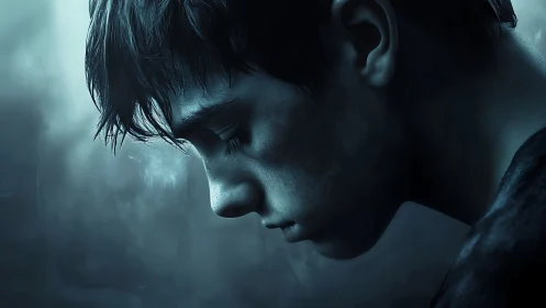 Moody side profile of a pensive boy in cool blue light.