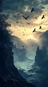 Sunlit cloud cover frames rocky gorge and circling birds