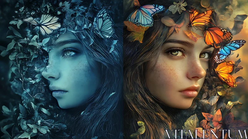 Dual-portrait fantasy study contrasts chromatic nature realms
