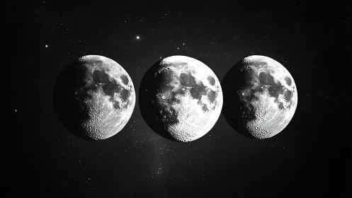 Triple moon phases align against star-filled black cosmos.