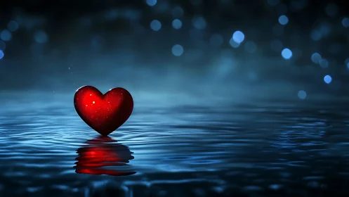 Luminous Red Heart Floating on Blue Water.