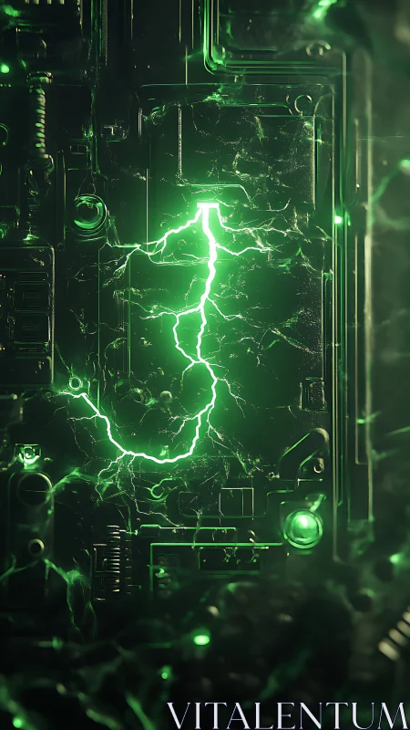 Neon green lightning surges across a dark cyber circuit core