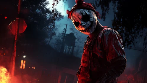 Sinister clown killer in bloodstained overalls under burning sky