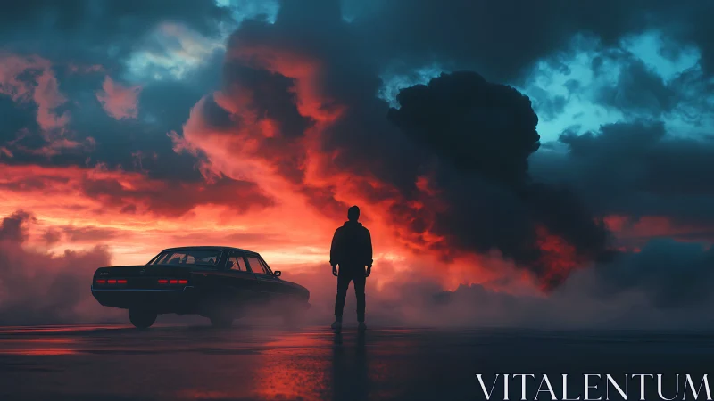 Lone driver weighs the horizon beneath a burning storm sky