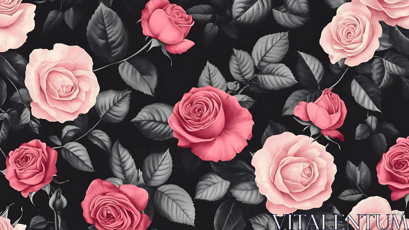 Pink and Blush Roses with Charcoal Foliage on Black.