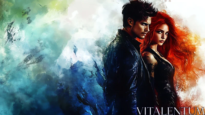 Two figures stand against abstract blue and orange background