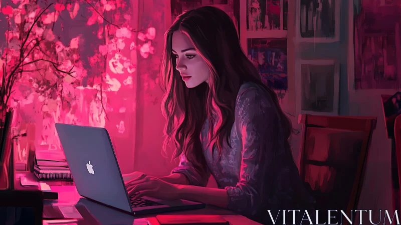 Focused woman works on laptop under vivid pink light.