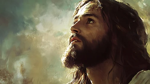 Digital painting portrait of bearded man gazing upward.