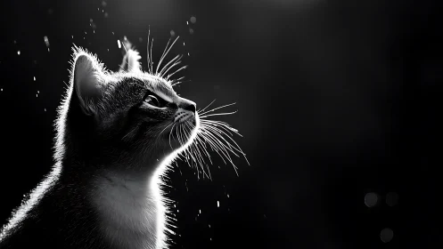 Feline Silhouette Against Black: High-Contrast Portrait Study. Whiskers backlit.