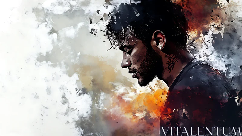 Digital portrait of pensive man amid abstract color bursts.