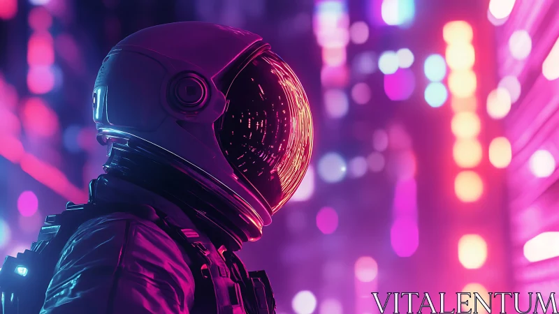 Neon lit astronaut profile against blurred city lights.