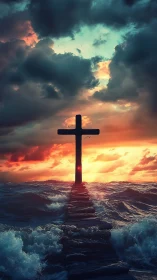 Stormy sea path leads gently toward a glowing sunset cross
