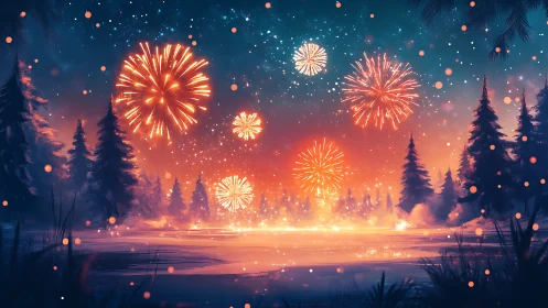 Winter fireworks glow above a softly frozen forest lake