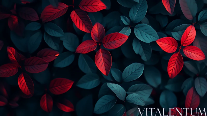 Red and teal foliage pattern under soft directional lighting.