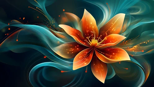 Luminous abstract flower blooms through swirling teal ribbons.