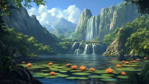 Lily Lantern Lake Beneath Cascading Emerald Cliffs.