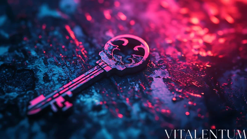 Neon lit ornate metal key on wet textured concrete surface