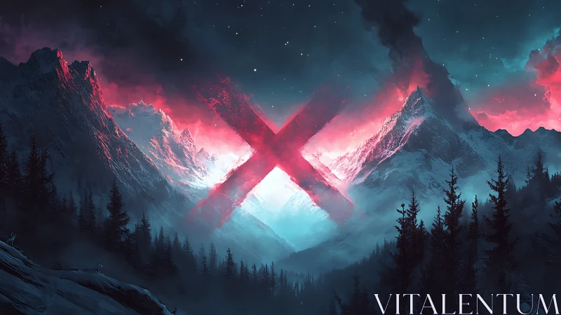 Glowing crimson X blazes above icy mountains at night