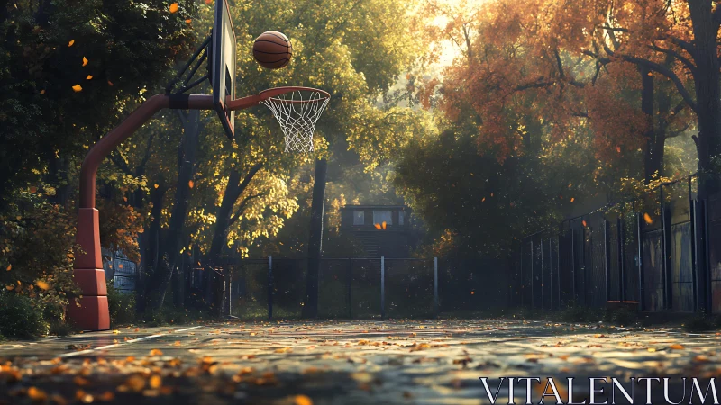 Outdoor basketball court in autumn light with falling leaves.