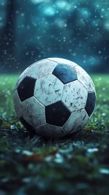 Weathered soccer ball rests on wet grass in soft rain