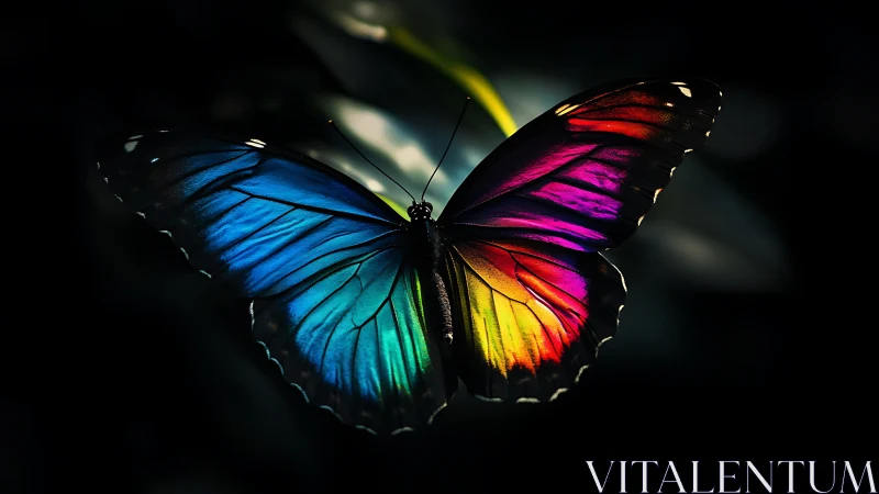 Radiant rainbow butterfly glows against a deep black night