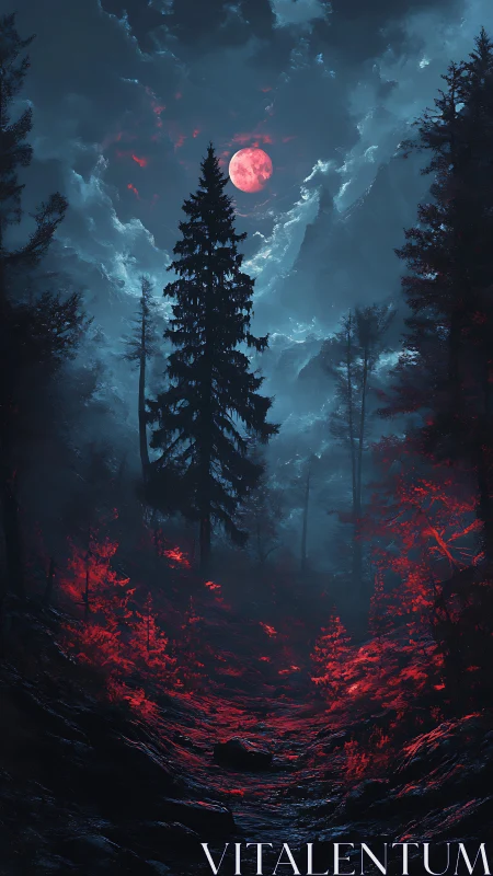 Crimson moon suspends a forest between ember and shadow