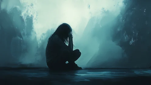 Silhouetted seated figure against diffuse blue background.