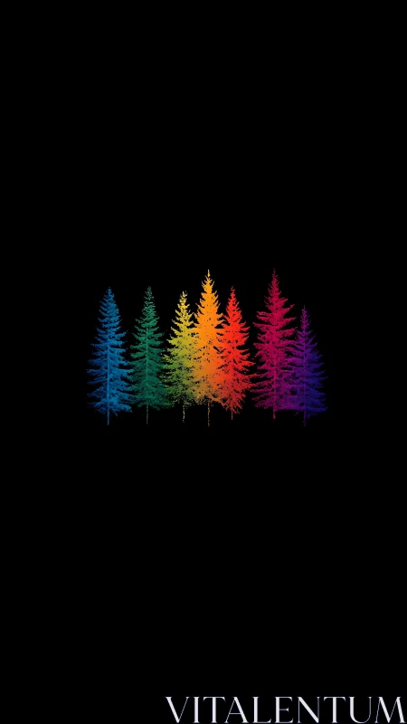Rainbow forest silhouettes glow softly against deep night