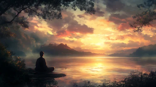 Solitary figure contemplates a radiant lakeside sunrise in stillness.