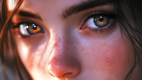 Warm hazel eyes and sunlit freckles in gentle closeup.