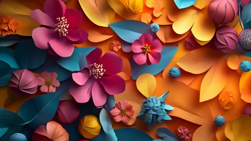 Vibrant paper flower collage fills frame with layered color