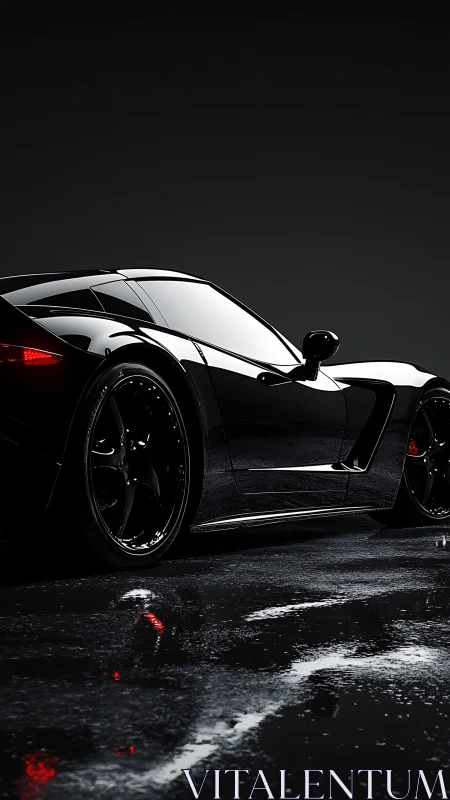 Midnight obsidian supercar prowling rain-glossed asphalt.