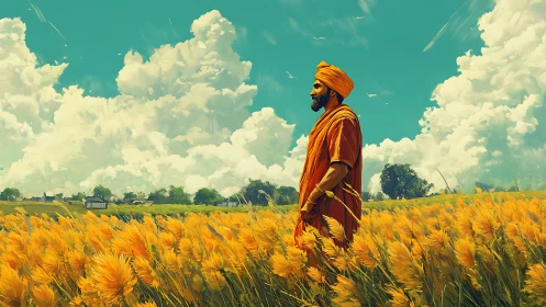 Sunlit wanderer stitches saffron calm into wild yellow fields