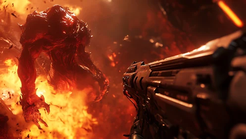 Molten demon lunges as a massive sci fi shotgun answers back