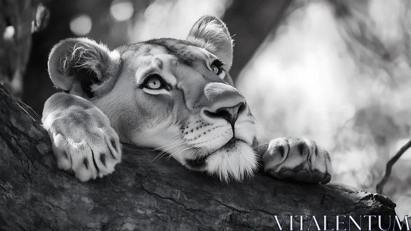Dreamy lioness resting on a sunlit tree branch.
