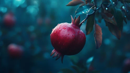 Rain-kissed pomegranate hangs in shallow-focus garden study