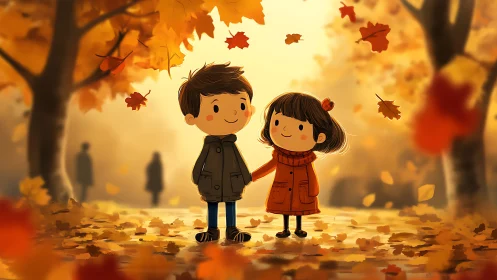Two Children Hold Hands Through Cascading Autumn Leaves