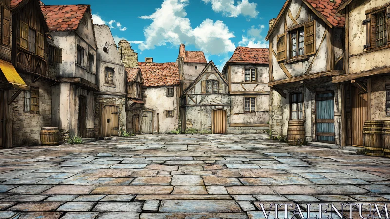 Quiet medieval village street with stone houses scene.
