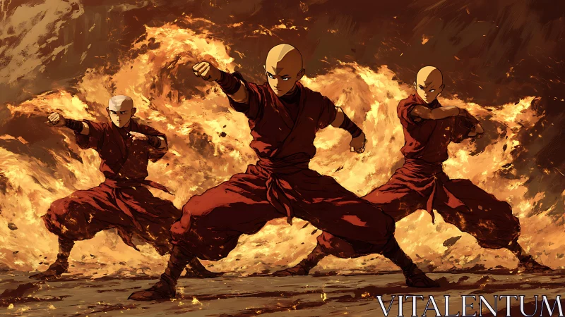 Fire Benders' Synchronized Combat Display Amid Raging Flames